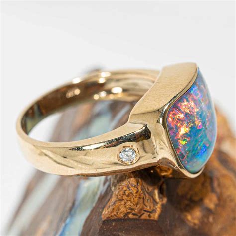 GOLD FIRE SUNRISE 14KT GOLD AND DIAMOND NATURAL AUSTRALIAN OPAL RING