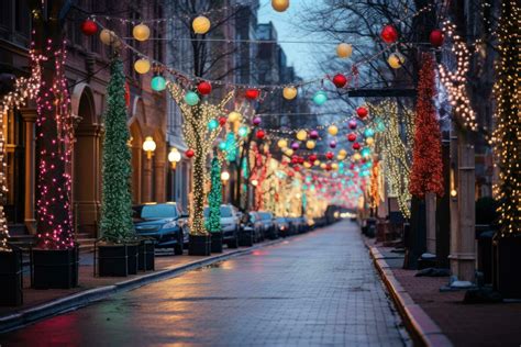 Colorful Christmas lights and decorations on a city street 30312835 Stock Photo at Vecteezy