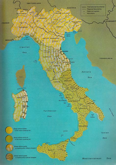 Map of Italy divided into regions of pasta type and cooking fat - scanned from Time-Life Books ...