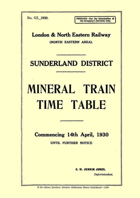 LNER Sunderland District Mineral Train Timetable, 1930 - NERA