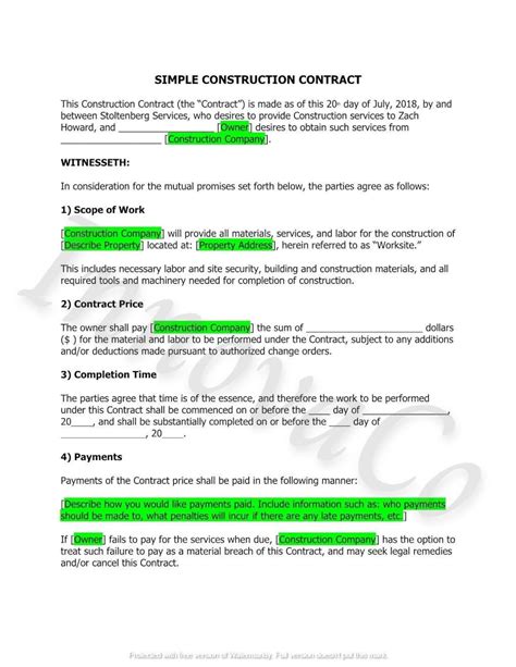 Simple Construction Contract Template, Construction, Handyman, Contract Template, Contractor ...