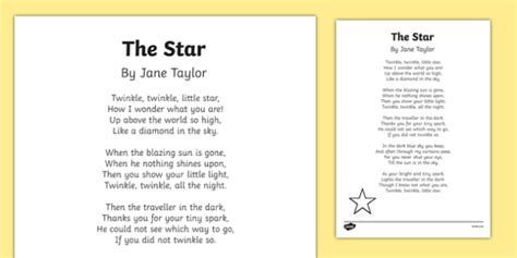 The Star by Jane Taylor Poem Print Out