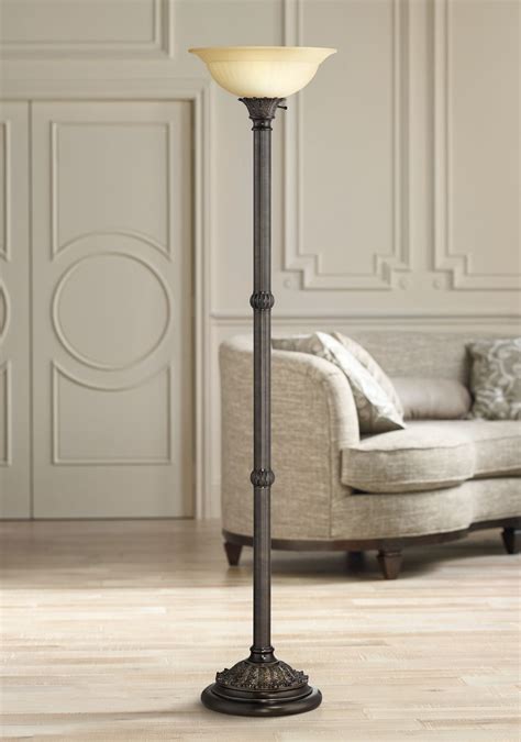 Barnes and Ivy Rustic Farmhouse Torchiere Floor Lamp 72" Tall Bronze Pole Pale Amber Fluted ...