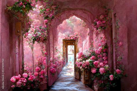 Pink castle hallway strewn red roses all around the door and window ...