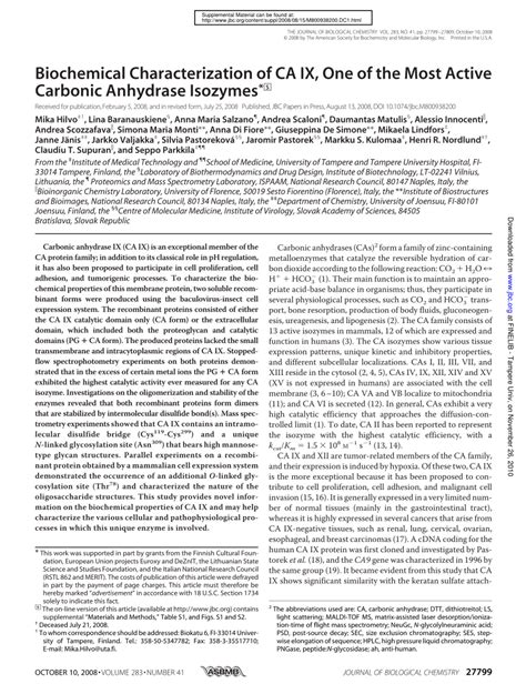 (PDF) Biochemical Characterization of CA IX, One of the Most Active Carbonic Anhydrase Isozymes