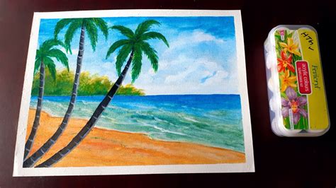 Acrylic Painting Beach With Coconut Trees || How to Paint Scenery of Sea beach Step by step ...