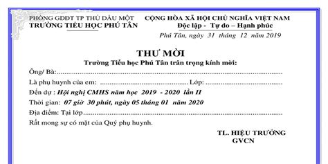 Mẫu giấy mời họp phụ huynh