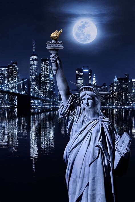 Statue of Liberty under Full Moon New York City Monochrome | Justin Kelefas Fine Art Photography