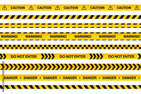 Caution tape set, yellow warning strips, danger symbol, arrows, yellow lines with black text and ...