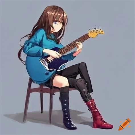 Anime girl playing electric guitar in stylish outfit