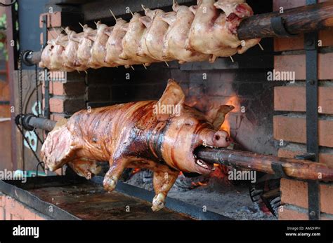 Hog roast pig and chicken spit Stock Photo - Alamy