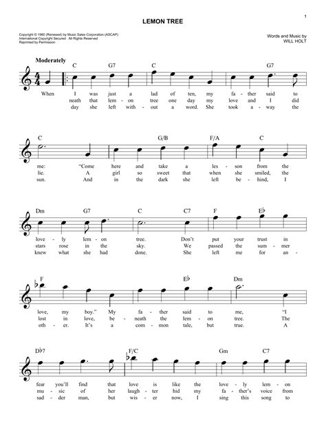 Lemon Tree Sheet Music | Peter, Paul & Mary | Lead Sheet / Fake Book | Sheet music, Lead sheet ...