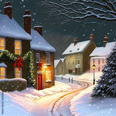 christmas card village life in the snow Stock Illustration | Adobe Stock