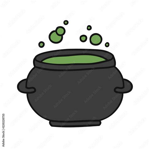 Witch cauldron with green gurgling potion. Doodle cartoon cauldron ...