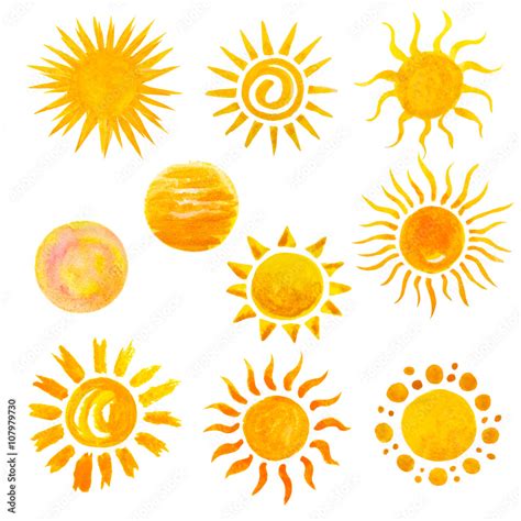 set of watercolor sun icons isolated on white. Hand painting Stock ...