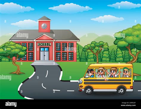 Happy children going to school with school bus Stock Vector Image & Art - Alamy