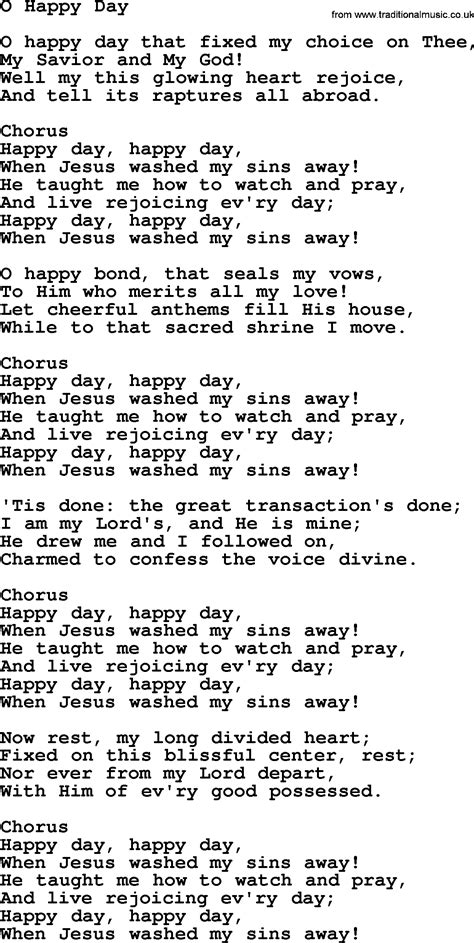 Baptist Hymnal, Christian Song: O Happy Day- lyrics with PDF for printing