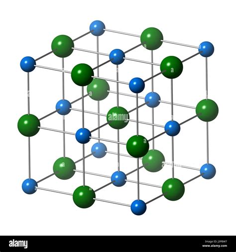 Sodium chloride (rock salt, halite, table salt), crystal structure. Atoms shown as color-coded ...