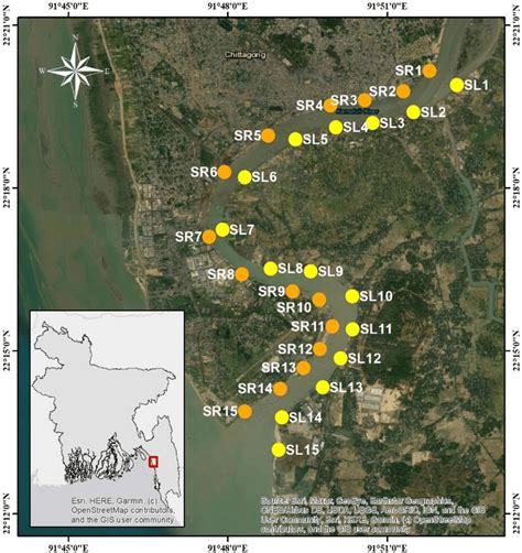 The study area and sampling design in the Karnaphuli River estuary.... | Download Scientific Diagram