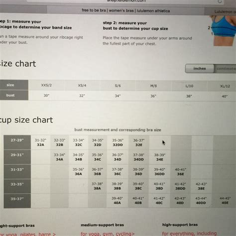 size chart for lululemon