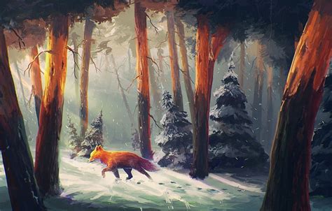 Sunlight, painting, forest, digital art, animals, nature, snow, artwork, fox, mural, Sylar, ART ...