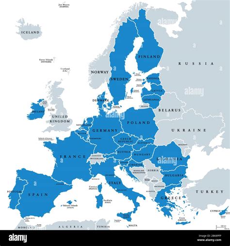 Political map of European Union member states. 27 EU member states, after United Kingdom left ...