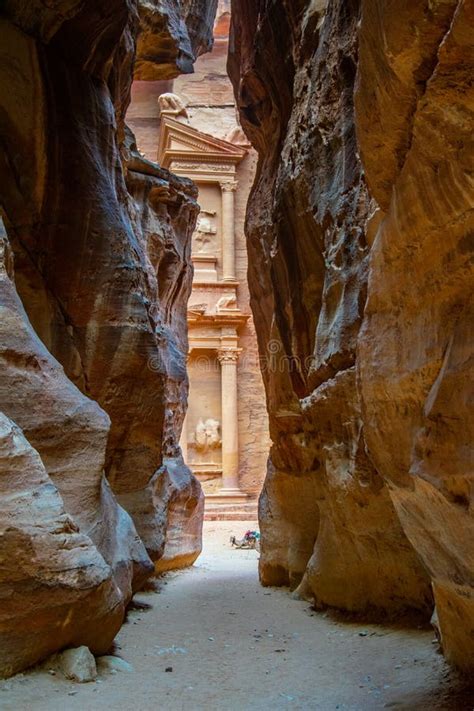 Al Khazneh Tomb View through Narrow Siq Canyon at Petra, Jordan Stock ...