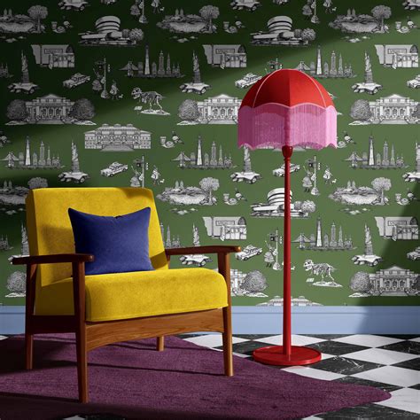 Add a bold and beautiful pop to any space with a Katie Kime city toile wallpaper. KK city toile ...