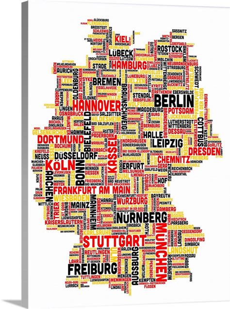 German Cities Text Map, German Colors on White Wall Art, Canvas Prints ...