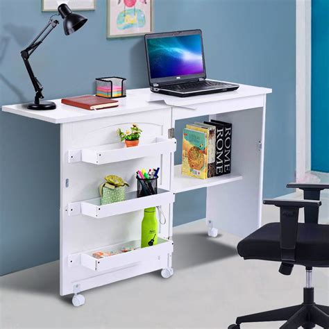 Costway White Folding Sewing Craft Table with Storage Shelves Cabinet Lockable Wheels - Walmart.com