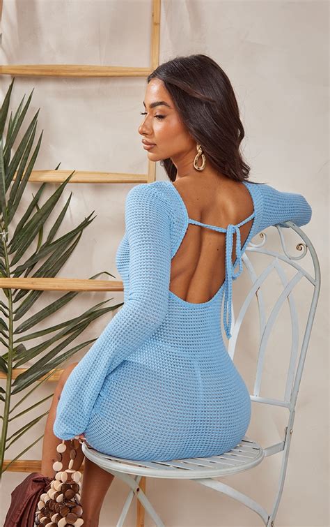 Petite Blue Textured Open Back Mini Dress | PrettyLittleThing KSA