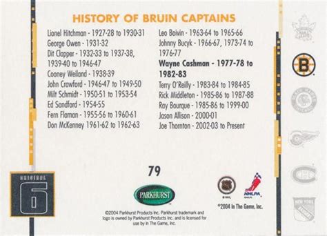 2003 Parkhurst Original 6 #79 WAYNE CASHMAN BOSTON BRUINS Captains Car ...