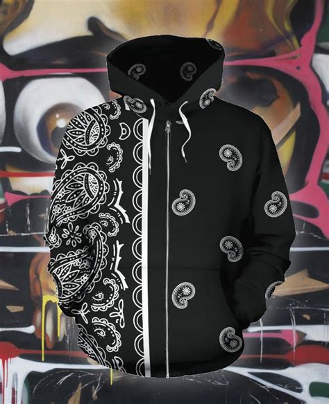 Asymmetrical Black Bandana Zip Hoodie in 2021 | Bandana blanket ...