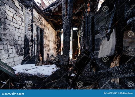 Consequences of Fire. Completely Burnt Old Rural House Stock Image ...