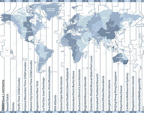 world time zones vector map with countries names and borders Stock ...