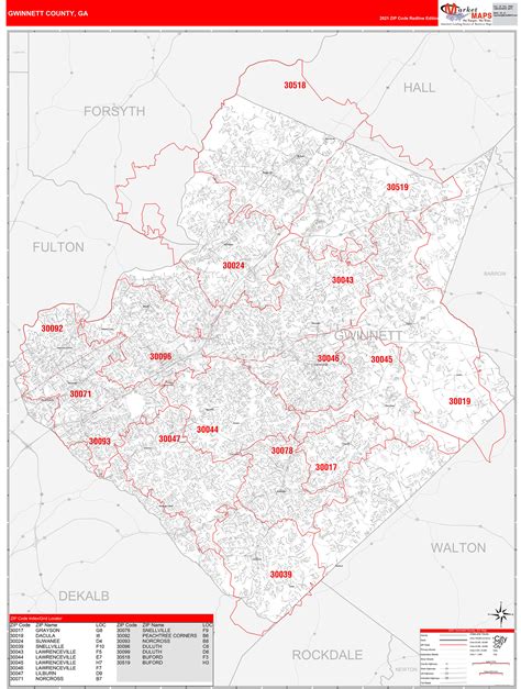 Gwinnett County, GA Zip Code Wall Map Red Line Style by MarketMAPS ...