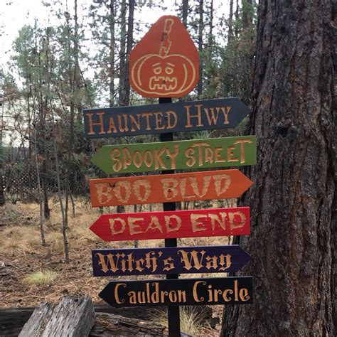 Creepy Halloween Streets Lawn Ornament Directional Signs - Carved Cedar Wood Holiday Decor ...