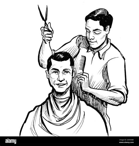 Barber and his client. Ink black and white drawing Stock Photo - Alamy