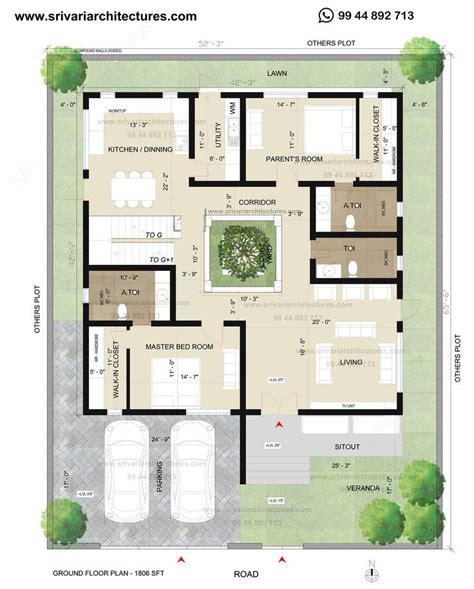 52' x 65' South facing floor plan | Courtyard house plans, Building house plans designs ...