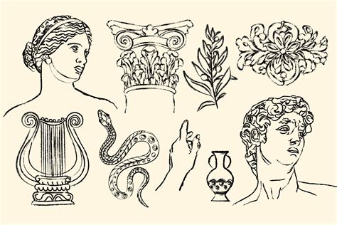 Ancient sketch drawings - statues, bust, pillar, amphora, column ...