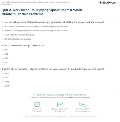 Multiplying Square Roots Worksheet