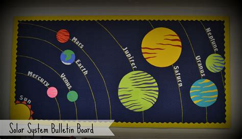 Solar System Bulletin Board. I made the planets out of construction paper and used yellow yarn ...