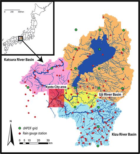 Map of the Yodo River basin, Japan. Red dots are the rainfall gauge ...