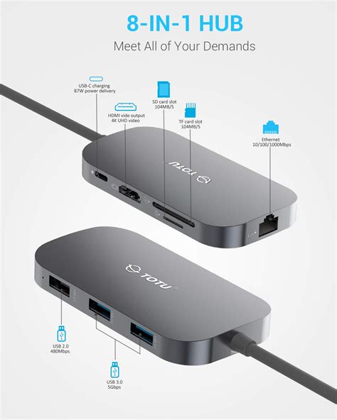 USB C Hub, TOTU 8-In-1 Type C Hub with Ethernet Port, 4K USB C to HDMI ...