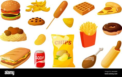 Vector illustration of various unhealthy fast food items isolated on ...