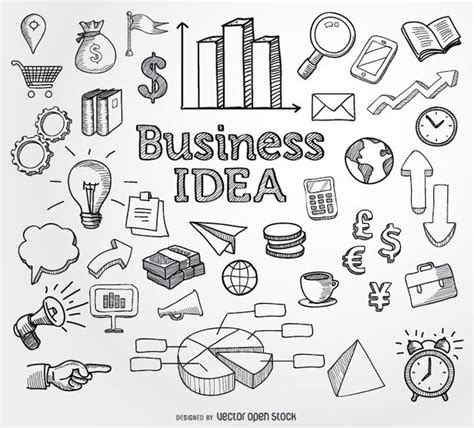 Set of business related hand drawn doodle elements ranging from graphs ...