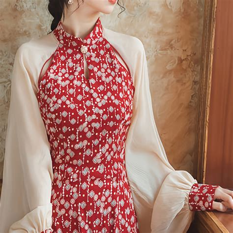 Red Floral Cheongsam Elegant Long Sleeve Dress Women's Clothing ...