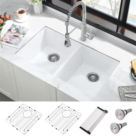 32 Inch White Quartz Undermount Kitchen Sink Double Bowl- iAnomla 32x18 Quartz Composite Sink ...