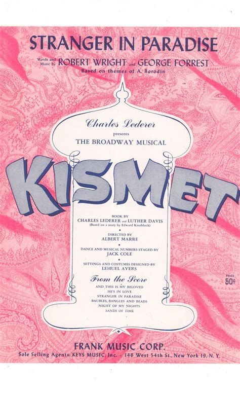 Vintage Stranger In Paradise Sheet Music Kismet Frank Music Corp.