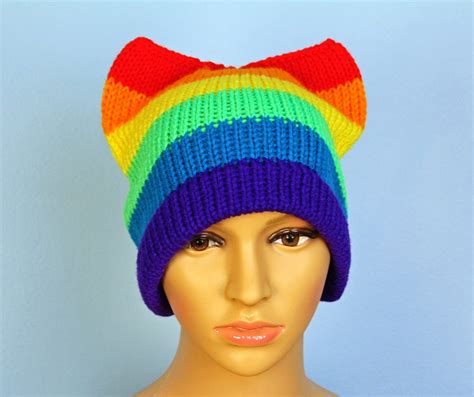 Rainbow Pussy Hat LGBTQ Pride Slouchy Cap Cat Kitten Ear Hat | Etsy